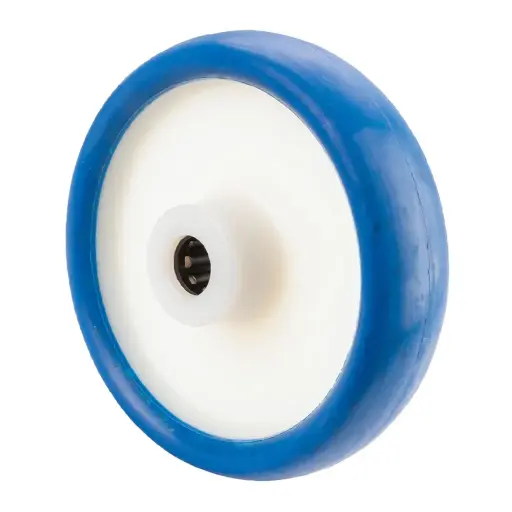 B36.161 Wheel series 160mm blue soft polyurethane on nylon centre 20mm bore hub length 60mm roller bearing 250kg