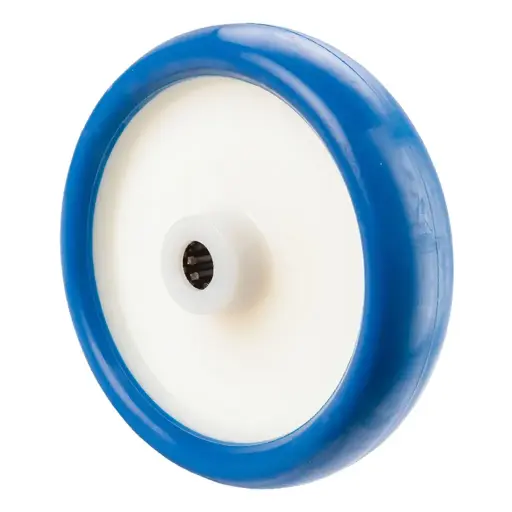 B36.201 Wheel series 200mm blue soft polyurethane on nylon centre 20mm bore hub length 60mm roller bearing 300kg