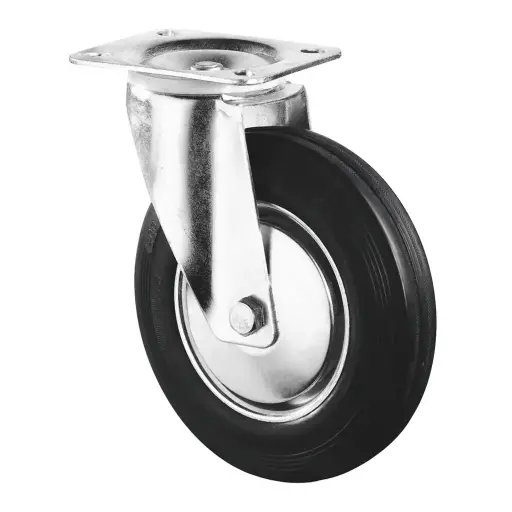 L400.B55.201 200mm swivel top plate 135x110mm castor with black rubber on pressed steel centre and thread guards roller bearing wheel 205kg