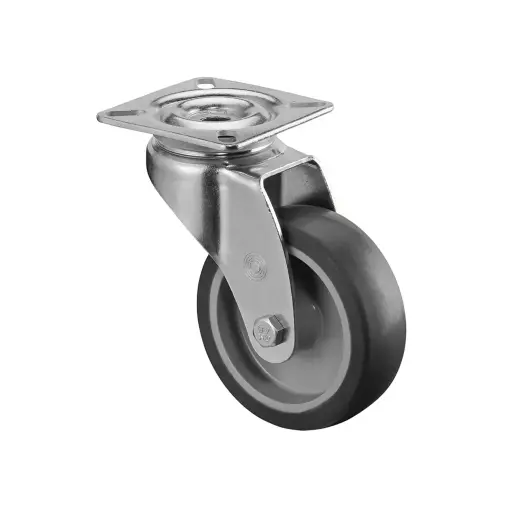 A300.A80.075 75mm swivel top plate 60x60mm castor with grey thermoplastic rubber on polypropylene centre plain bearing wheel 75kg