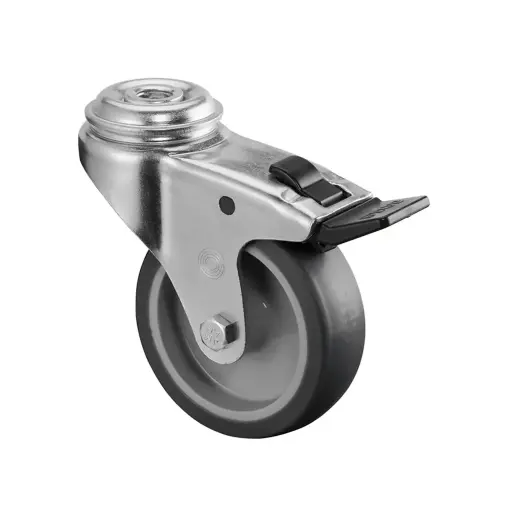 A321.A80.075 75mm swivel/brake bolt hole 10mm castor with grey thermoplastic rubber on polypropylene centre plain bearing wheel 75kg