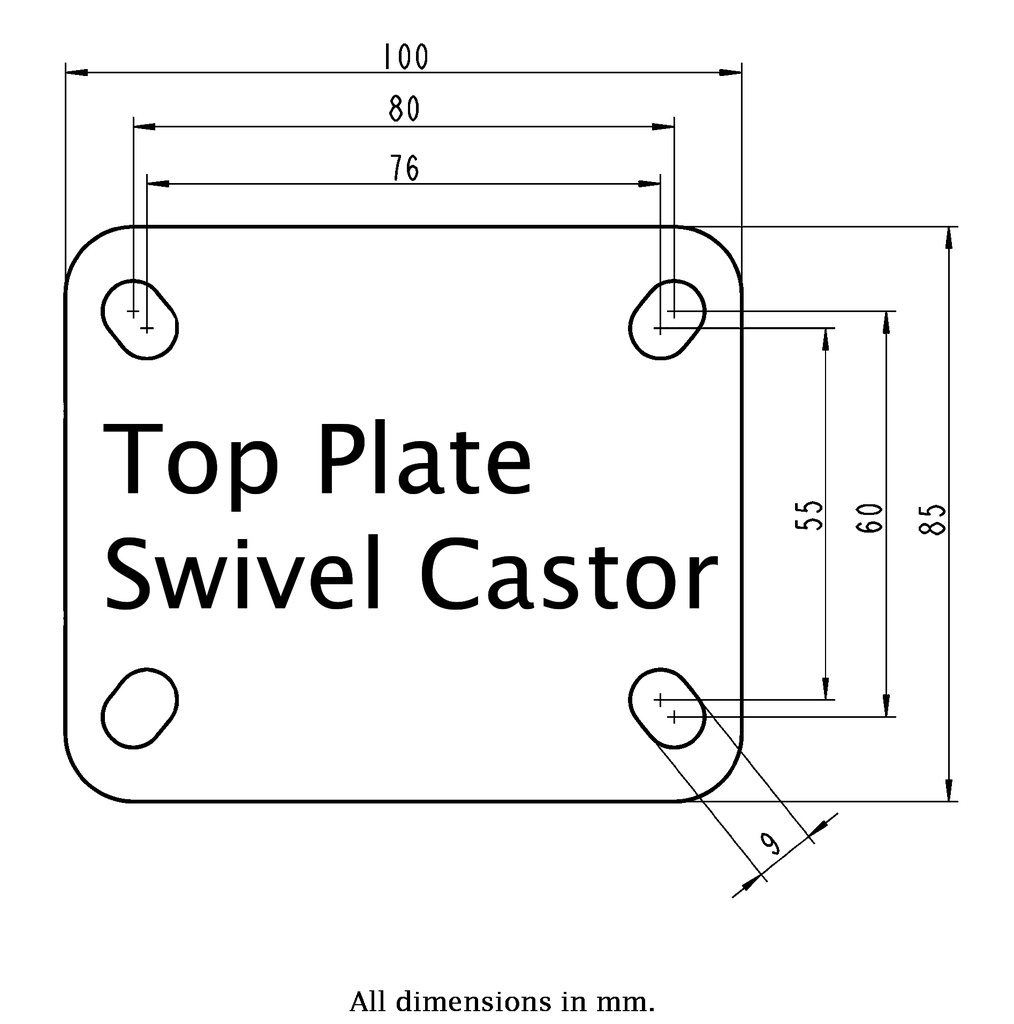 300SS series 125mm stainless steel swivel top plate 100x85mm - Plate drawing