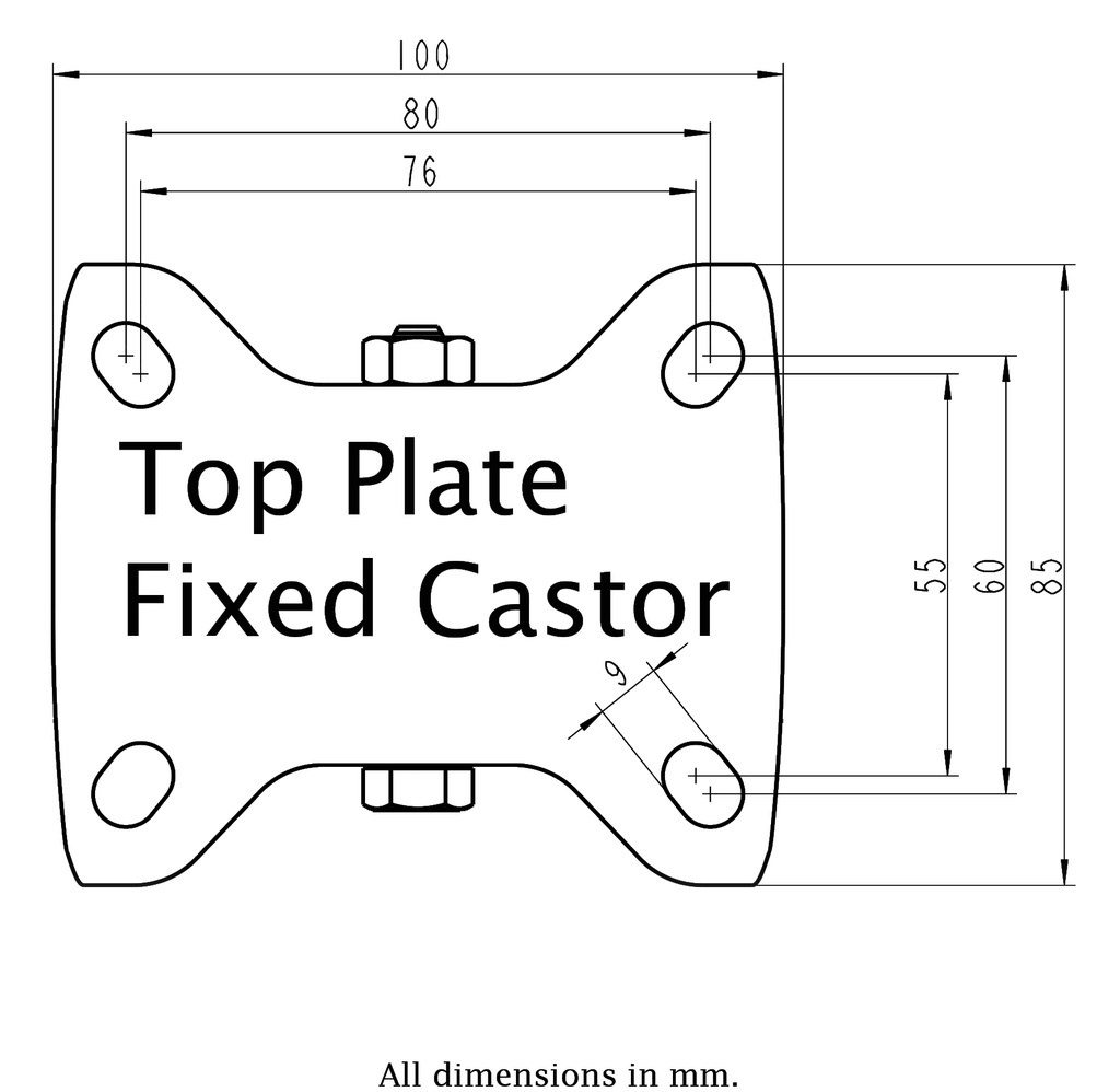 300SS series 125mm stainless steel fixed top plate 100x85mm - Plate drawing