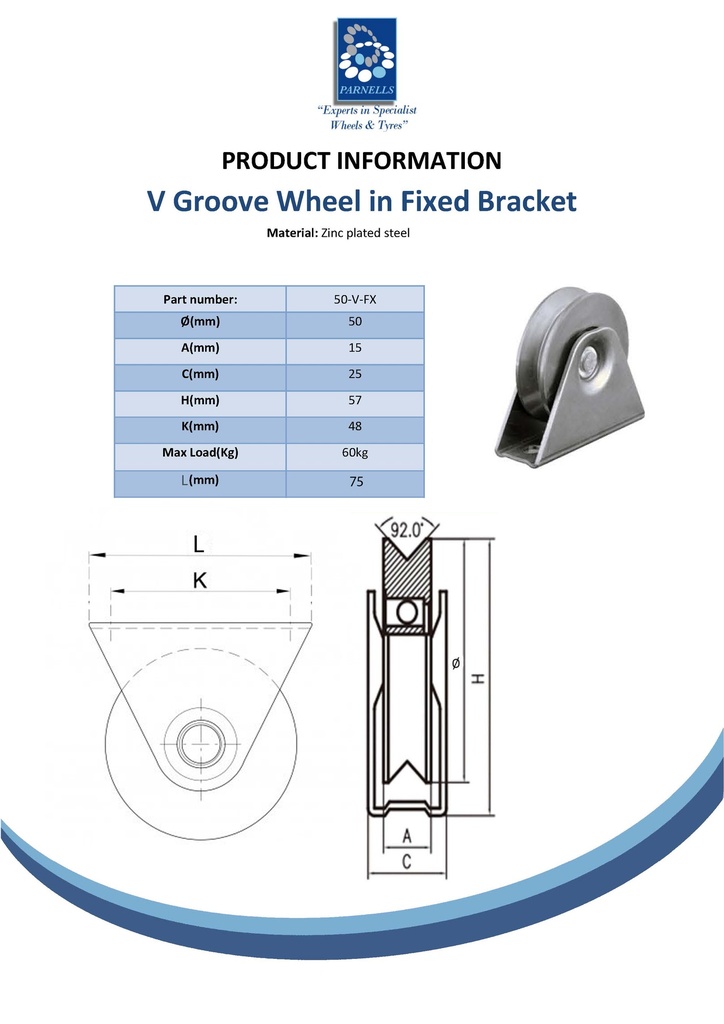 50mm V-groove wheel in bracket Spec Sheet