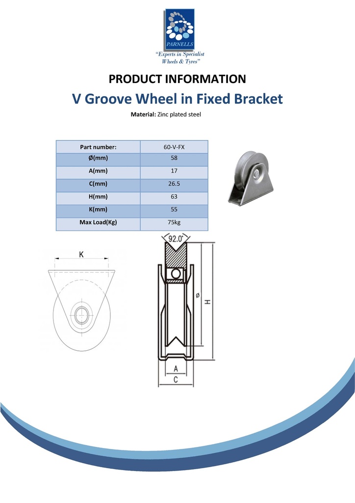 60mm V-groove wheel in fixed bracket Spec Sheet