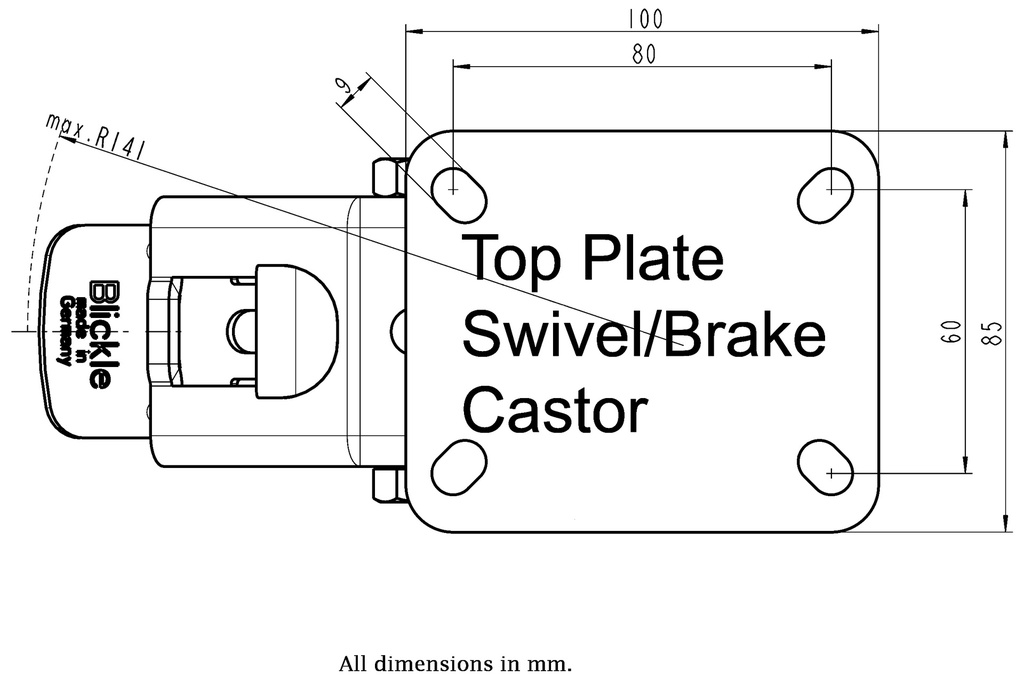 LH series 125mm swivel/brake top plate 100x85mm - Plate drawing