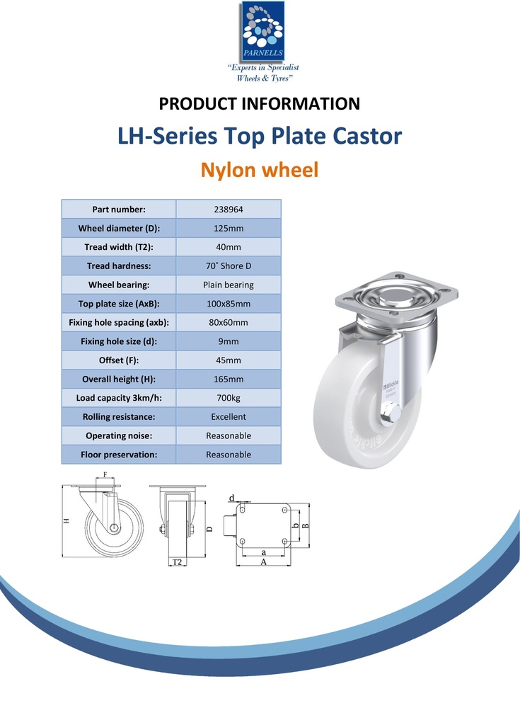 LH series 125mm swivel top plate 100x85mm castor with nylon plain bearing wheel 700kg - Spec Sheet