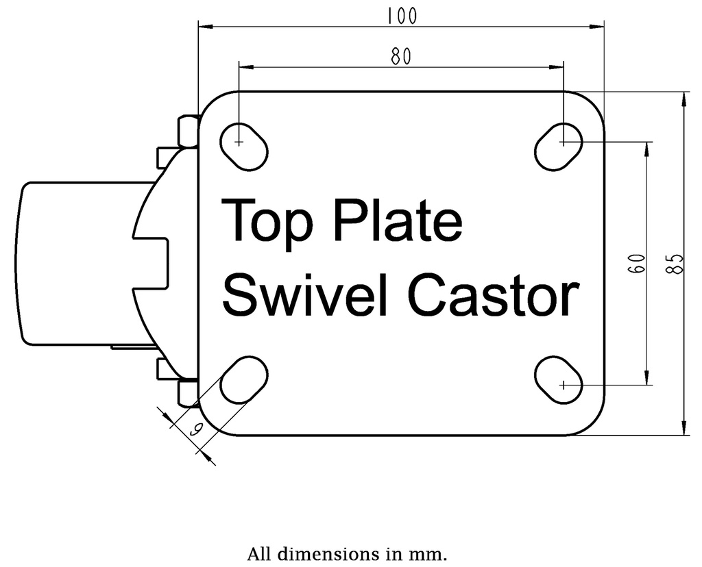 LH series 100mm swivel top plate 100x85mm - Plate dimensions