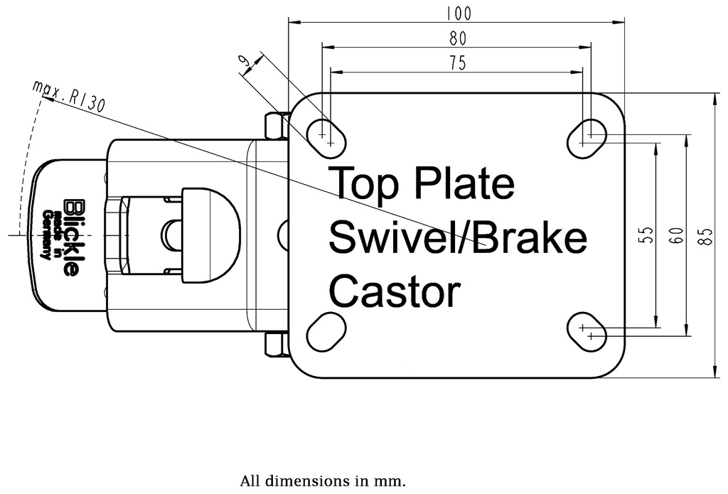 LH series 100mm swivel/brake top plate 100x85mm - Plate dimensions