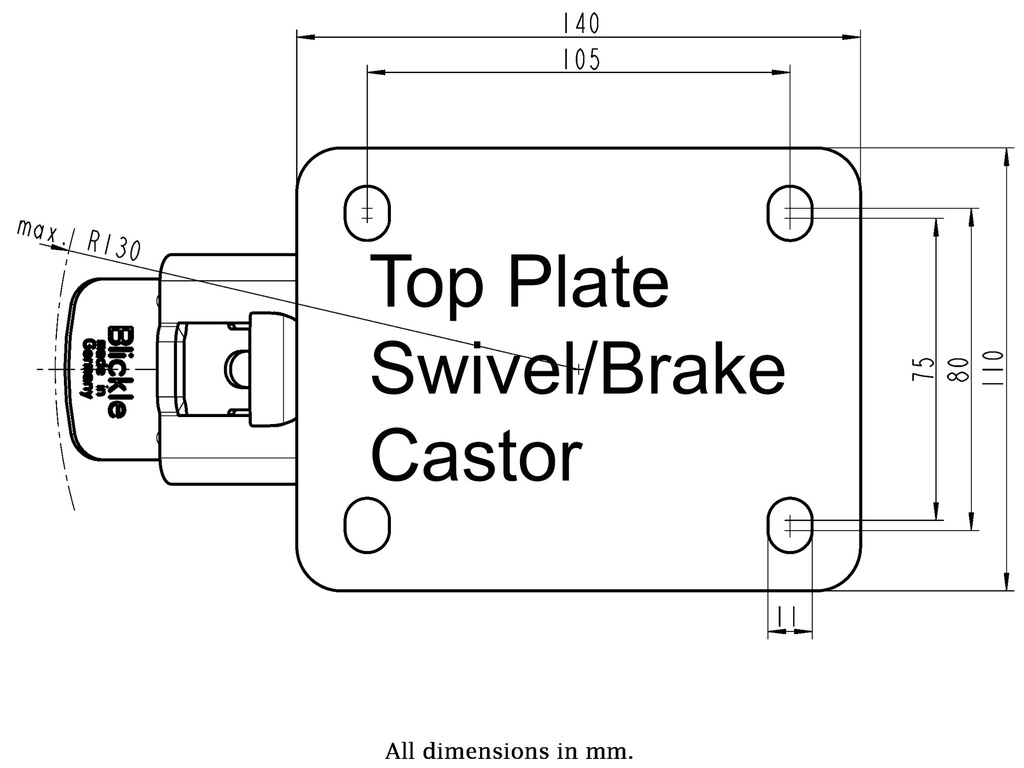 LH series 100mm swivel/brake top plate 140x110mm - Plate dimensions
