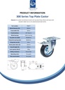 300 series 100mm swivel/brake top plate 100x80mm castor with black rubber on pressed steel centre roller bearing wheel 90kg - Spec Sheet