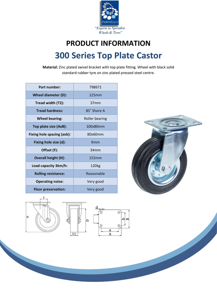 300 series 125mm swivel top plate 100x80mm castor with black rubber on pressed steel centre roller bearing wheel 120kg - Spec Sheet