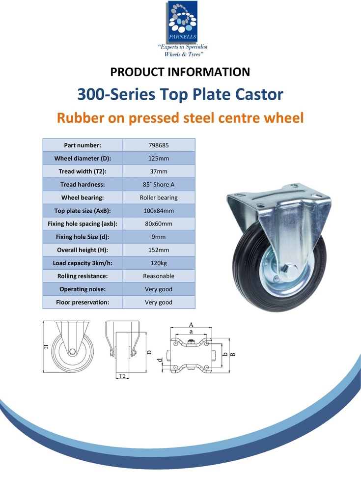 300 series 125mm fixed top plate 100x84mm castor with black rubber on pressed steel centre roller bearing wheel 120kg - Spec Sheet