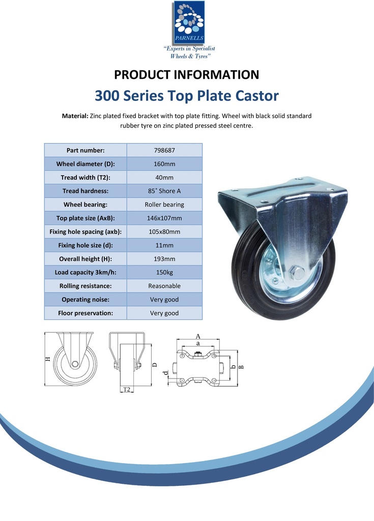 300 series 160mm fixed top plate 146x107mm castor with black rubber on pressed steel centre roller bearing wheel 150kg - Spec Sheet