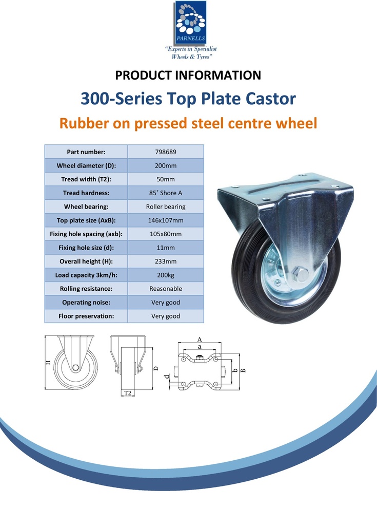 300 series 200mm fixed top plate 146x107mm castor with black rubber on pressed steel centre roller bearing wheel 200kg - Spec Sheet
