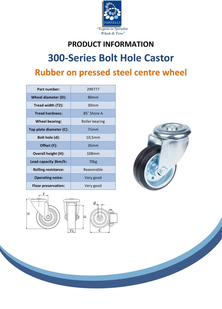 300 series 80mm swivel bolt hole 10,5mm castor with black rubber on pressed steel centre roller bearing wheel 70kg - Spec Sheet