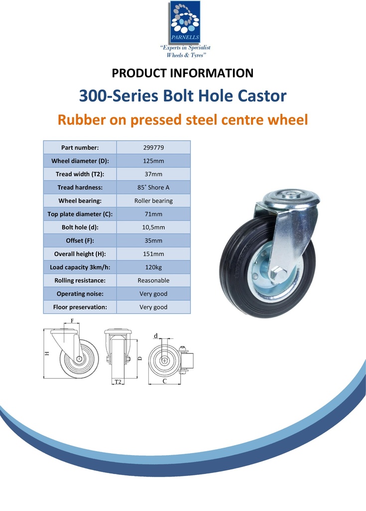 300 series 125mm swivel bolt hole 10,5mm castor with black rubber on pressed steel centre roller bearing wheel 120kg - Spec Sheet