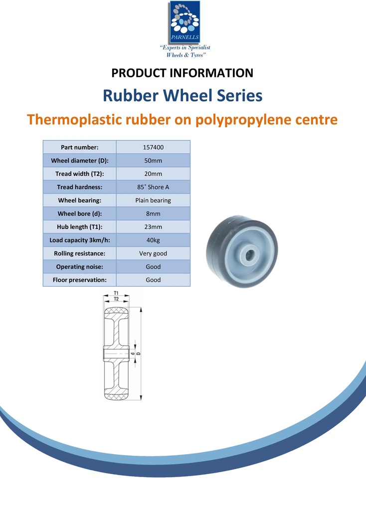 Wheel series 50mm grey TPR-rubber on polypropylene centre 8mm bore hub length 23mm plain bearing 40kg - Spec Sheet