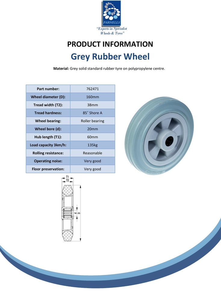 Wheel series 160mm grey rubber on polypropylene centre 20mm bore hub length 60mm roller bearing 135kg - Spec Sheet