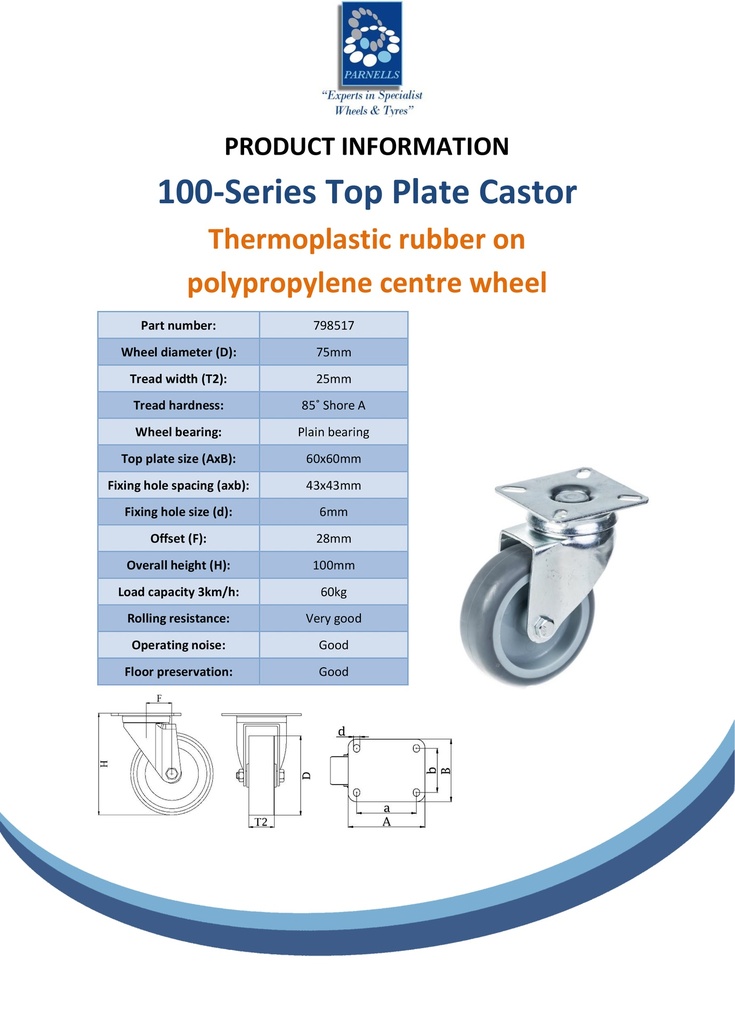 100 series 75mm swivel top plate 60x60mm castor with grey TPR-rubber on polypropylene centre plain bearing wheel 60kg - Spec Sheet