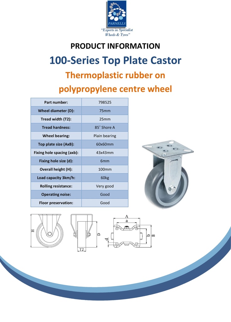 100 series 75mm fixed top plate 60x60mm castor with grey TPR-rubber on polypropylene centre plain bearing wheel 60kg - Spec Sheet