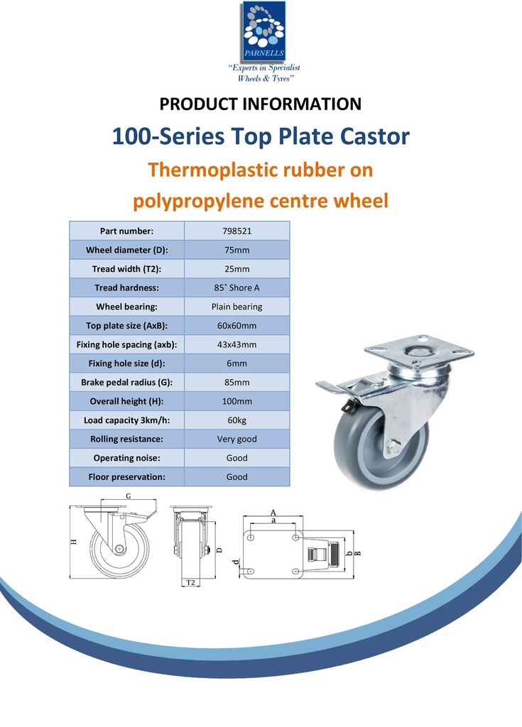 100 series 75mm swivel/brake top plate 60x60mm castor with grey TPR-rubber on polypropylene centre plain bearing wheel 60kg - Spec Sheet
