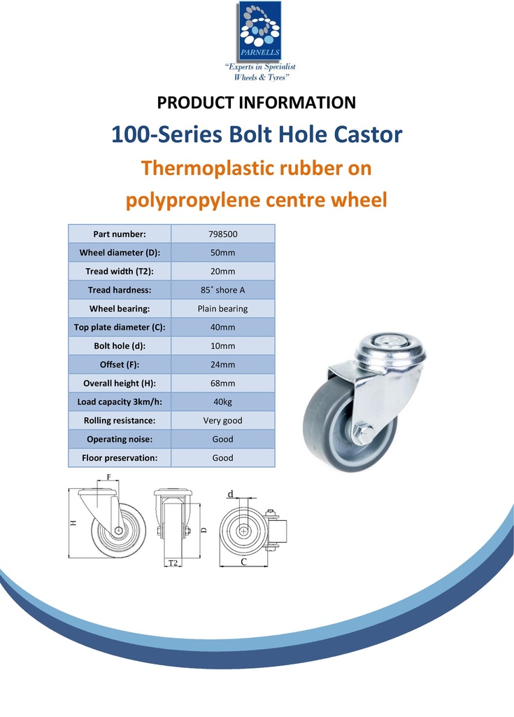100 series 50mm swivel bolt hole 10mm castor with grey TPR-rubber on polypropylene centre plain bearing wheel 40kg - Spec Sheet