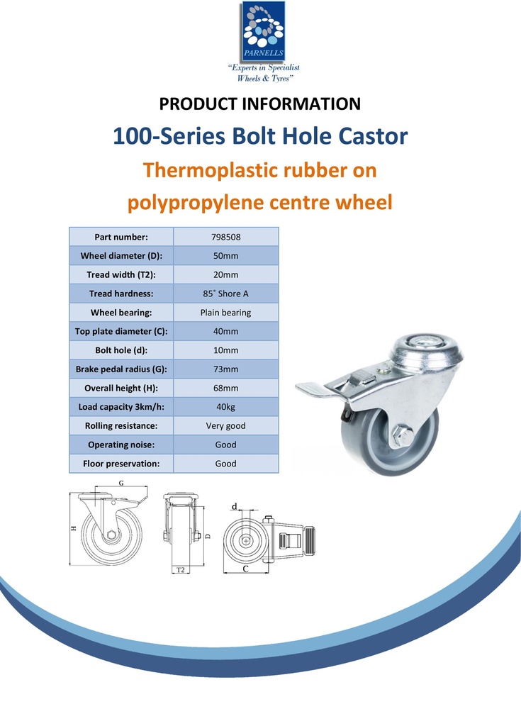 100 series 50mm swivel/brake bolt hole 10mm castor with grey TPR-rubber on polypropylene centre plain bearing wheel 40kg - Spec Sheet