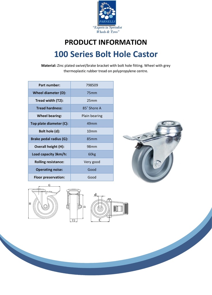 100 series 75mm swivel/brake bolt hole 10mm castor with grey TPR-rubber on polypropylene centre plain bearing wheel 60kg - Spec Sheet