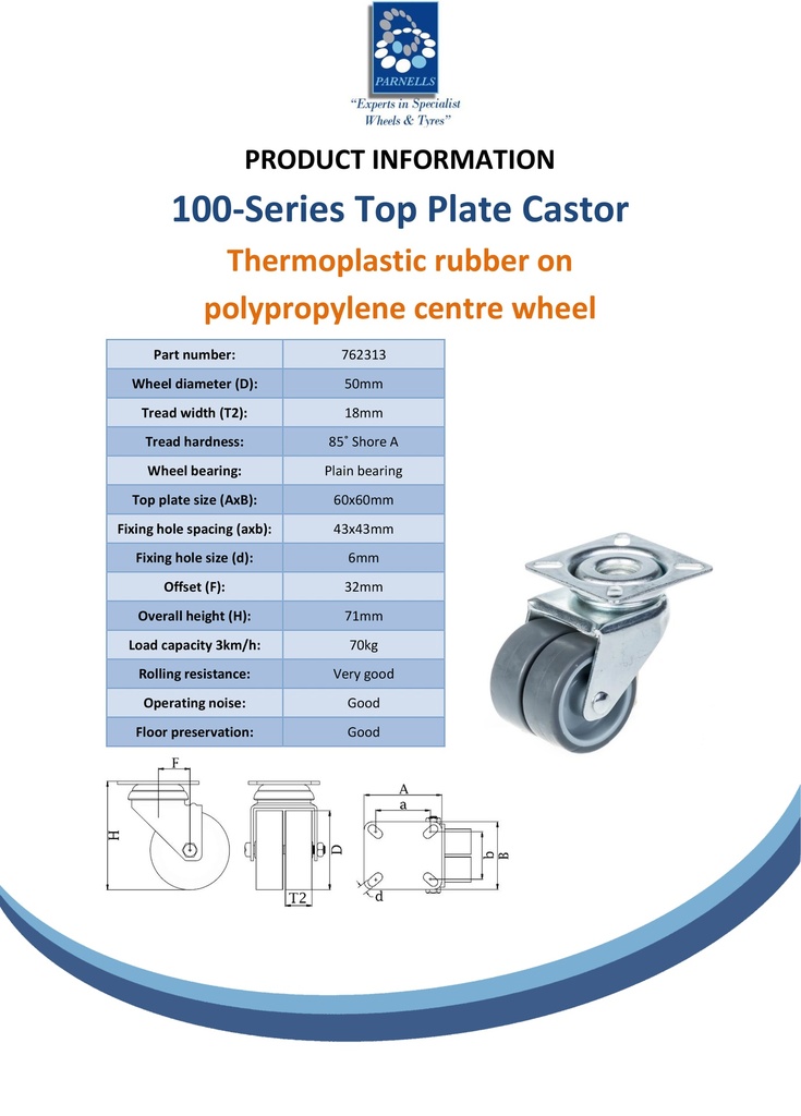 100 series 2x50mm swivel top plate60x60mm castor with grey TPR-rubber on polypropylene centre plain bearing wheels 70kg - Spec Sheet