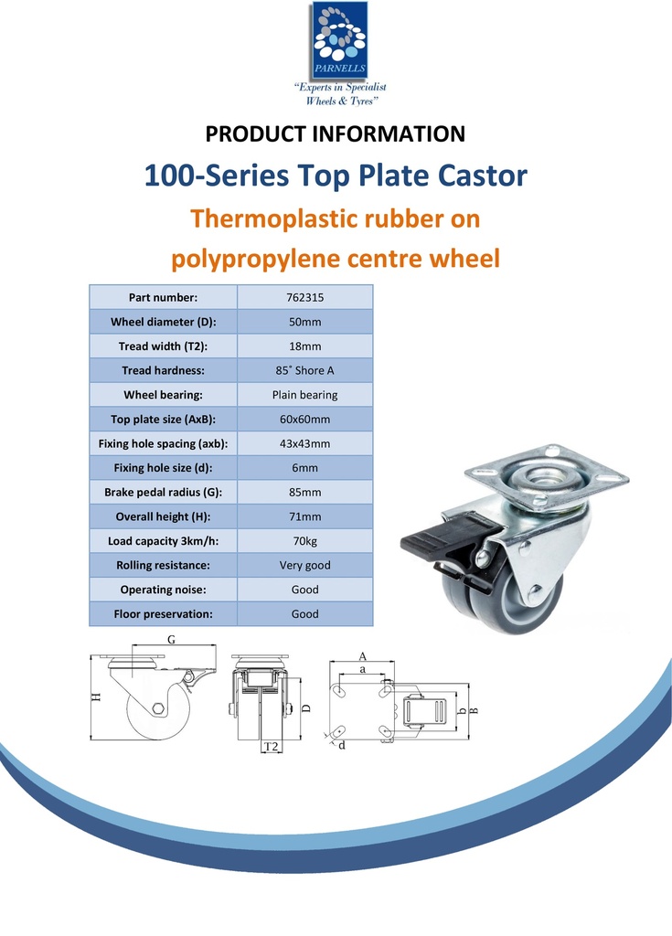 100 series 2x50mm swivel/brake top plate 60x60mm castor with grey TPR-rubber on polypropylene centre plain bearing wheels 70kg - Spec Sheet