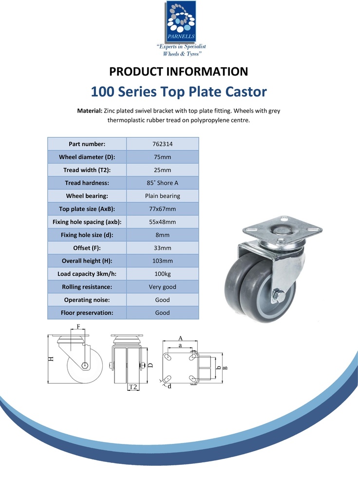 100 series 2x75mm swivel top plate 77x67mm castor with TPR-rubber on polypropylene centre plain bearing wheels 100kg - Spec Sheet
