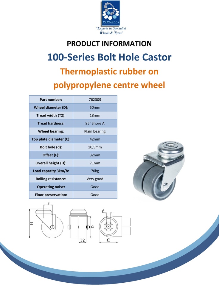 100 series 2x50mm swivel bolt hole 10mm castor with grey TPR-rubber on polypropylene centre plain bearing wheels 70kg - Spec Sheet