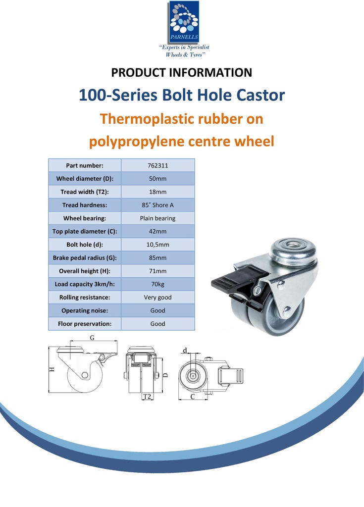 100 series 2x50mm swivel/brake bolt hole 10mm castor with grey TPR-rubber on polypropylene centre plain bearing wheels 70kg - Spec Sheet