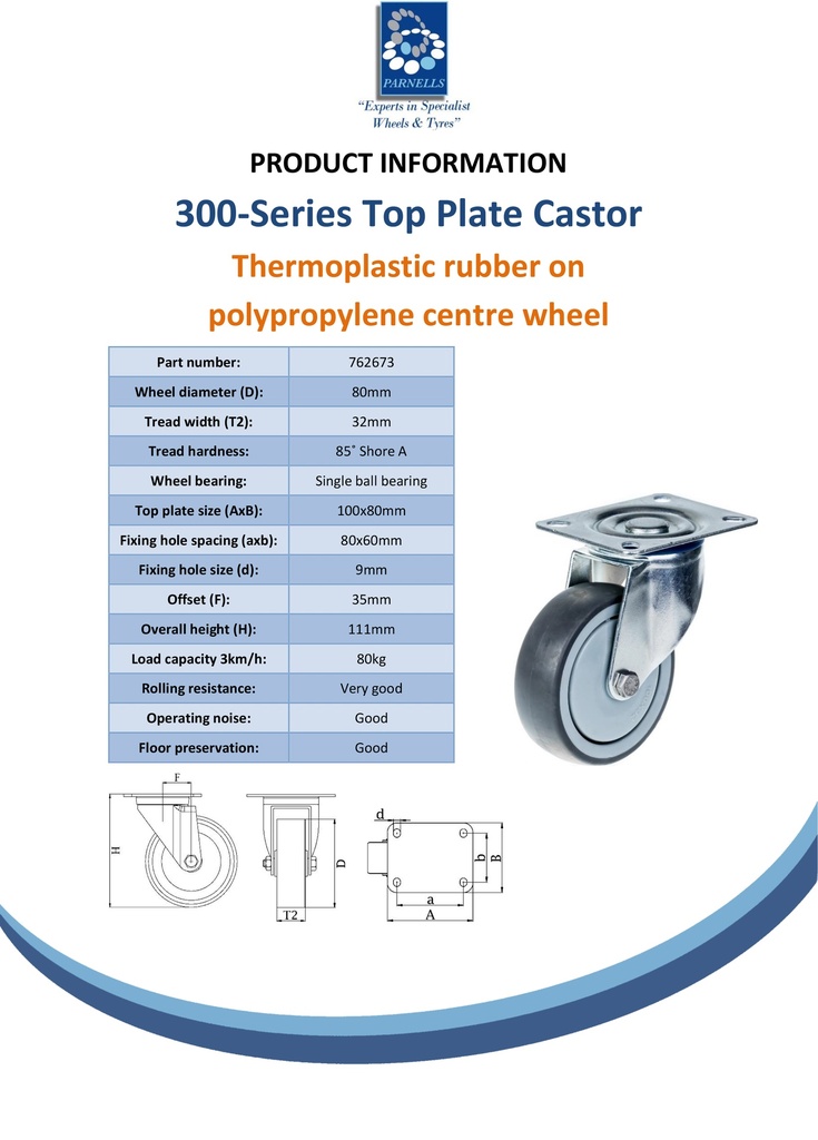 300 series 80mm swivel top plate 100x80mm castor with grey TPR-rubber on polypropylene centre ball bearing wheel 80kg - Spec Sheet