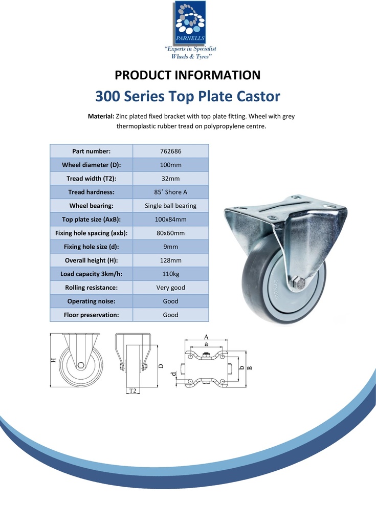 300 series 100mm fixed top plate 100x84mm castor with grey TPR-rubber on polypropylene centre ball bearing wheel 110kg - Spec Sheet