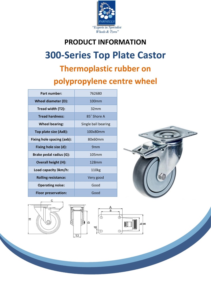 300 series 100mm swivel/brake top plate 100x80mm castor with grey TPR-rubber on polypropylene centre ball bearing wheel 110kg - Spec Sheet