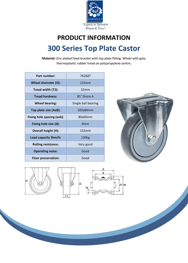 300 series 125mm fixed top plate 100x84mm castor with grey TPR-rubber on polypropylene centre ball bearing wheel 130kg - Spec Sheet