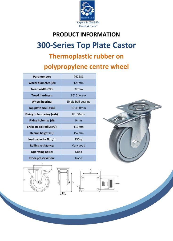 300 series 125mm swivel/brake top plate 100x80mm castor with grey TPR-rubber on polypropylene centre ball bearing wheel 130kg - Spec Sheet