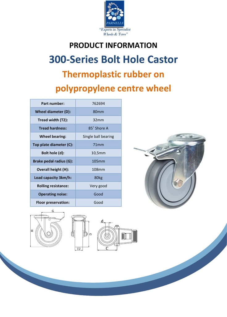 300 series 80mm swivel/brake bolt hole 10,5mm castor with grey TPR-rubber on polypropylene centre ball bearing wheel 80kg - Spec Sheet