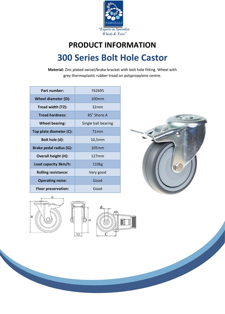 300 series 100mm swivel/brake bolt hole 10,5mm castor with grey TPR-rubber on polypropylene centre ball bearing wheel 110kg - Spec Sheet