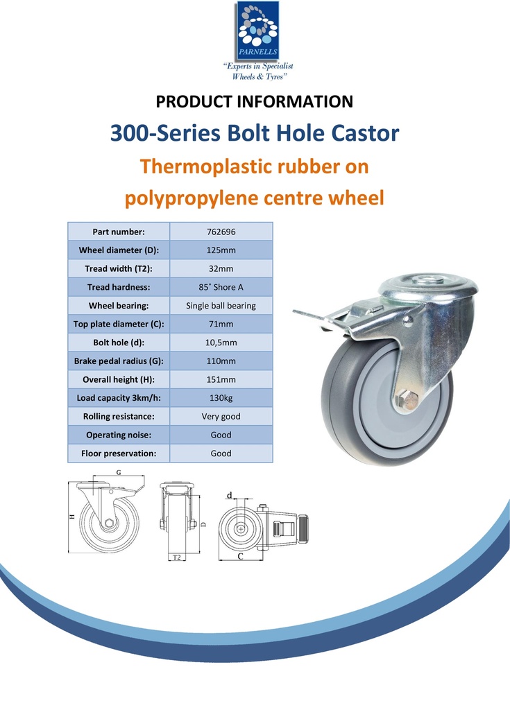 300 series 125mm swivel/brake bolt hole 10,5mm castor with grey TPR-rubber on polypropylene centre ball bearing wheel 130kg - Spec Sheet