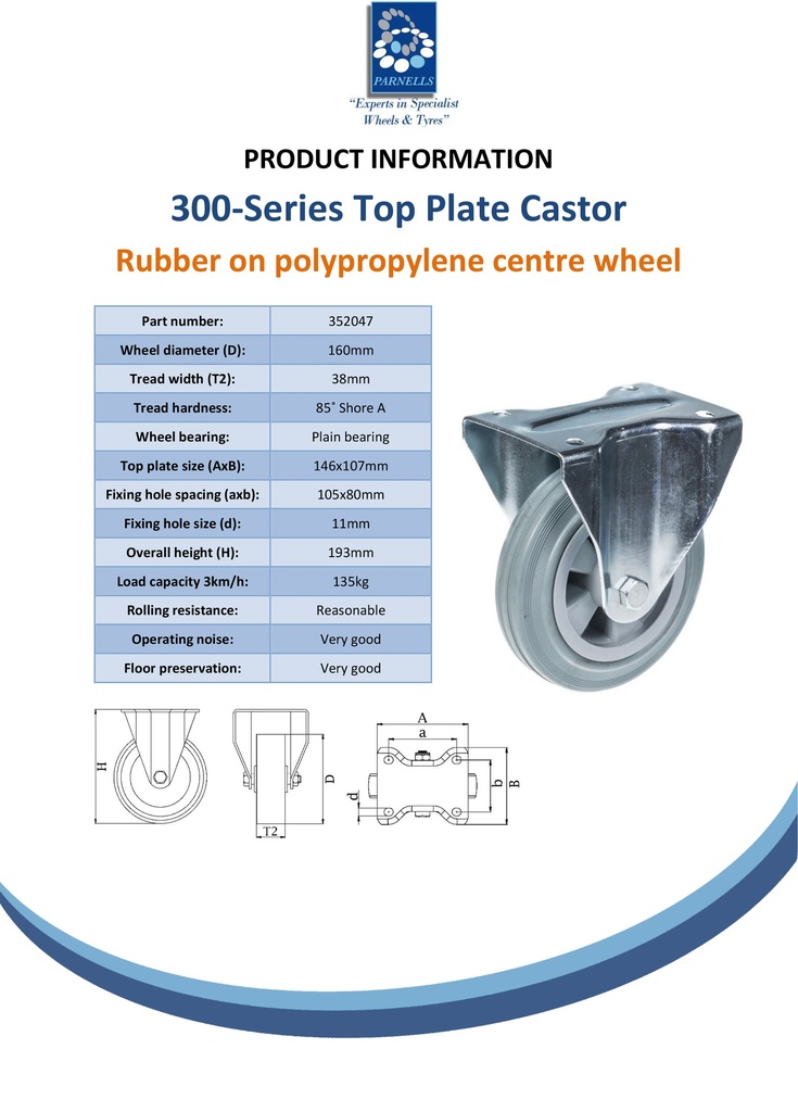 300 series 160mm fixed top plate 146x107mm castor with grey rubber on polypropylene centre plain bearing wheel 135kg - Spec Sheet
