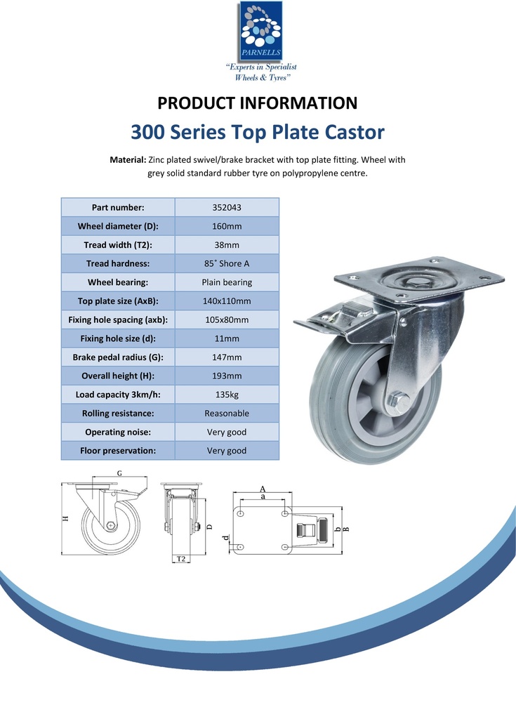 300 series 160mm swivel/brake top plate 140x110mm castor with grey rubber on polypropylene centre plain bearing wheel 135kg - Spec Sheet