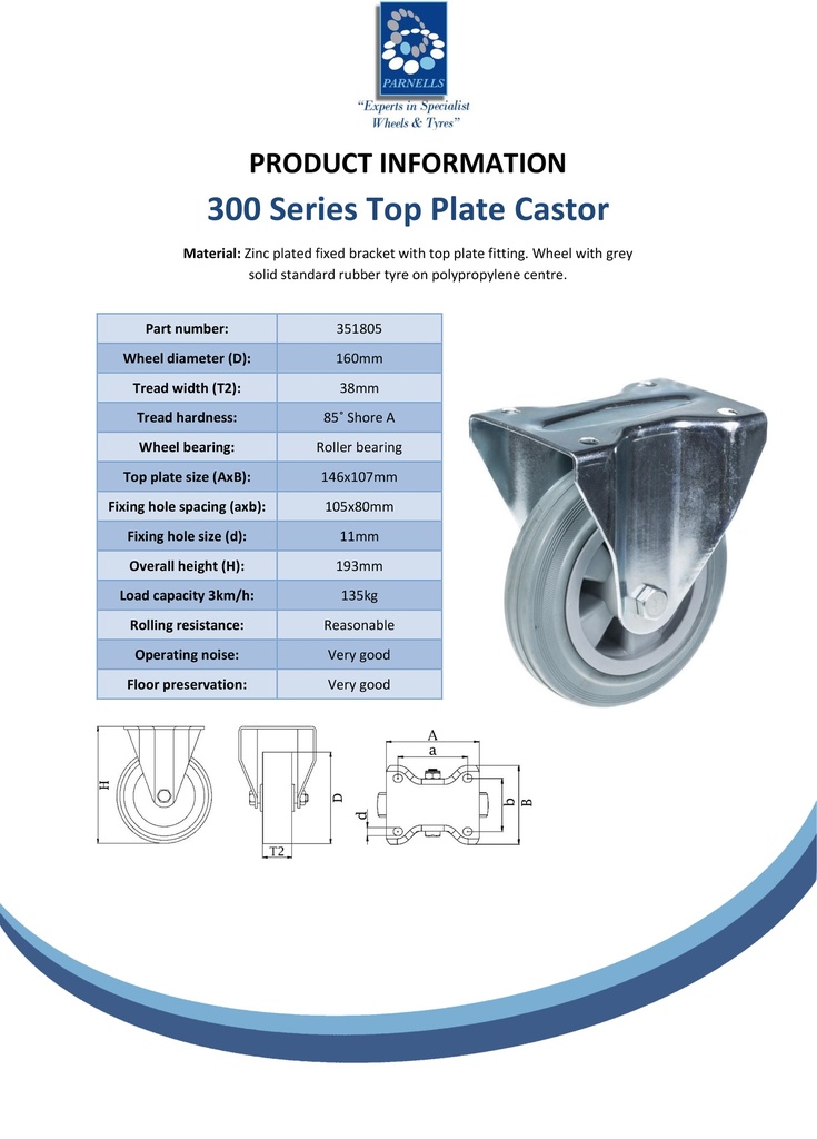 300 series 160mm fixed top plate 146x107mm castor with grey rubber on polypropylene centre roller bearing wheel 135kg - Spec Sheet