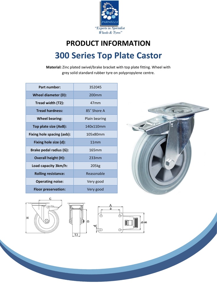 300 series 200mm swivel/brake top plate 140x110mm castor with grey rubber on polypropylene centre plain bearing wheel 205kg - Spec Sheet