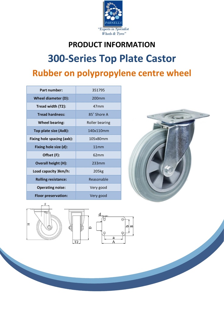 300 series 200mm swivel top plate 140x110mm castor with grey rubber on polypropylene centre roller bearing wheel 205kg - Spec Sheet