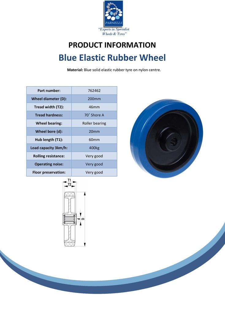 Wheel series 200mm blue elastic rubber on nylon centre 20mm bore hub length 60mm  roller bearing 400kg - Spec Sheet