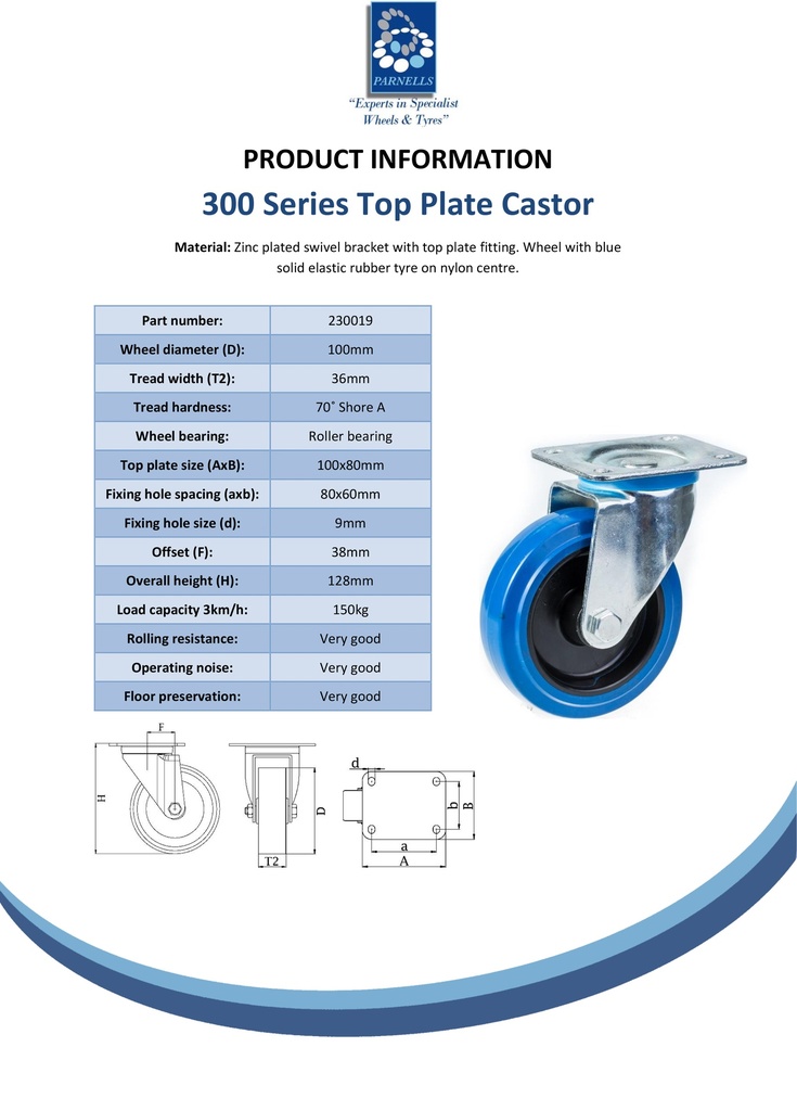 300 series 100mm swivel top plate 100x80mm castor with blue elastic rubber on nylon centre roller bearing wheel 150kg - Spec Sheet