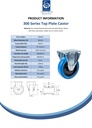 300 series 100mm fixed top plate 100x84mm castor with blue elastic rubber on nylon centre roller bearing wheel 150kg - Spec Sheet